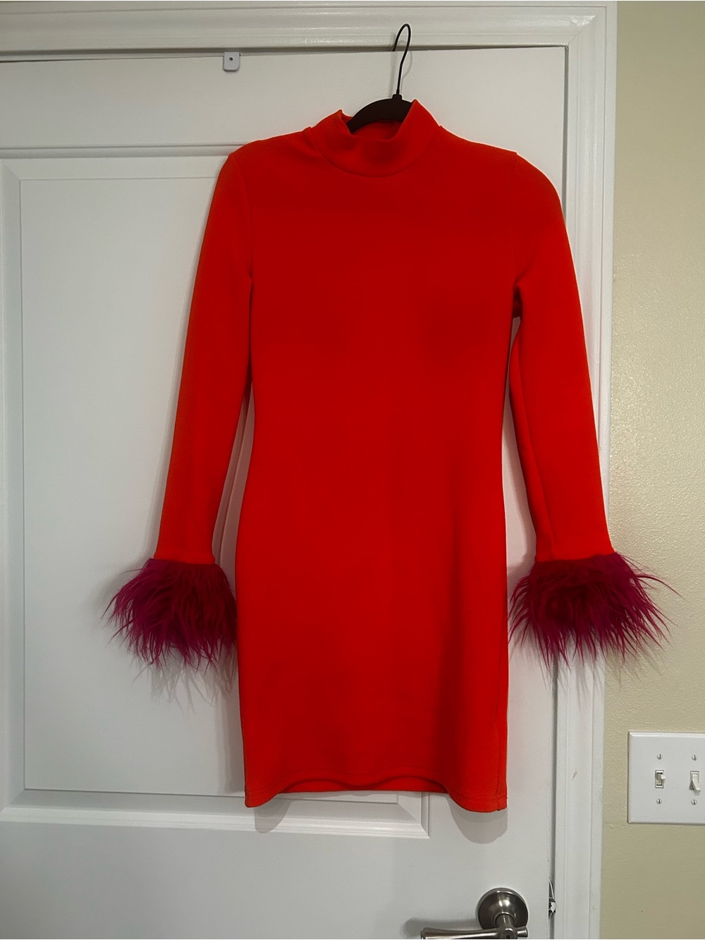 Hot Orange Long-Sleeve Mini Dress with Feather Cuffs